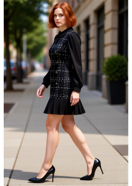 Kadın A Line Balon Kol Ekose Tüvit Elbise Gömlek Yaka Kısa Boy Kış Koleksiyonu Şık Tasarım