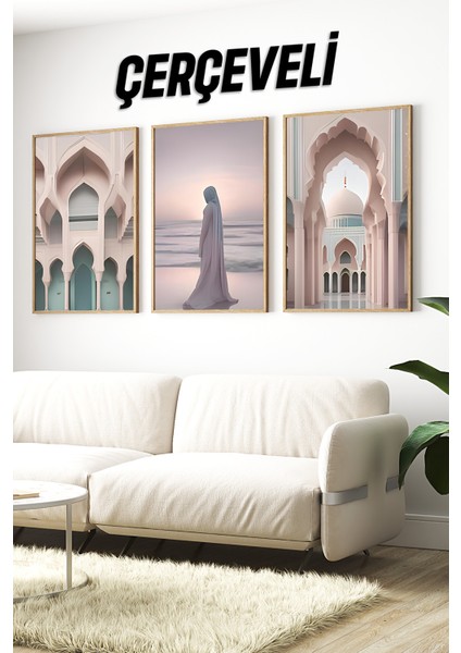 🕌 Islami Mimariden Ilham Alan 3’lü Çerçeveli Tablo Seti – Modern ve Estetik Dokunuş 🖼️🌸 CRV1210 23 x 32