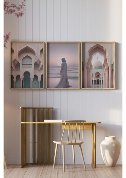 🕌 Islami Mimariden Ilham Alan 3’lü Çerçeveli Tablo Seti – Modern ve Estetik Dokunuş 🖼️🌸 CRV1210 23 x 32 fiyatları