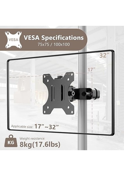 17 "-32" Ekranlar Için Evrensel Braket Kutup Dağı 8kg'a Kadar Destekler, Tam Hareket Kutup Montajlı Monitör Kolu 75X75 ve 100X100MM Vesa Plakası ile Uyumlu modelleri
