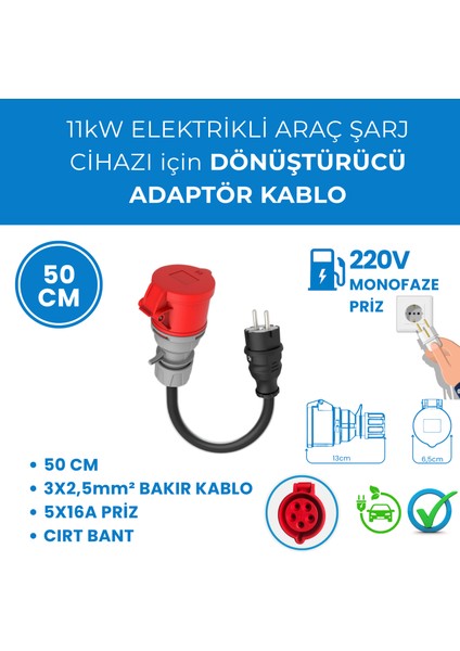 11kW Elektrikli Araç Şarj Cihazı için 50Cm Monofaze Fişli Dönüştürücü Adaptör