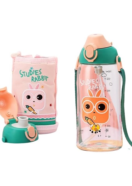 Büyük Boy 700ML Kılıflı Askılı Pipetli/pipetsiz Iki Ayrı Kapaklı Tritan Çocuk Matarası (Studies Rabbit (Pudra Pembe-Yeşil))