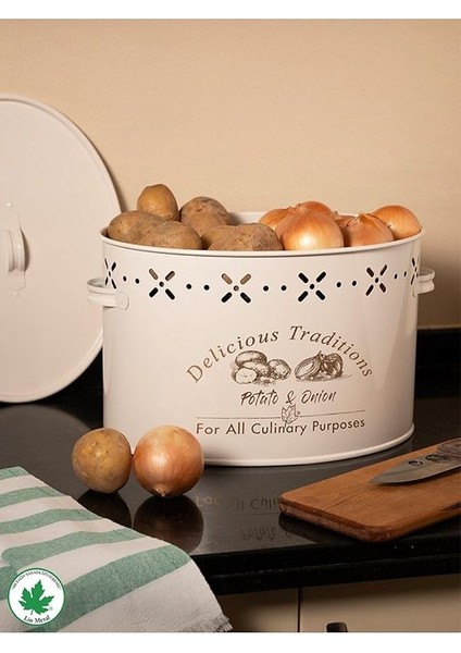 Metal Büyük Boy Bölmeli Lüx Metal Patates Soğan Kovası Krem