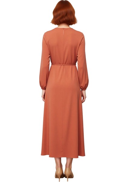 Kadın Shift Kalıp Maxi Boy Balon Kol Bağcıklı Aerobin Dokuma Bisiklet Yaka Elbise Günlük Şıklık fırsatları