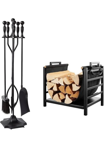 Metal Siyah Topuz Başlıklı Şömine-Soba Maşa ve Odunluk Takımı Aksesuar Seti 5S042