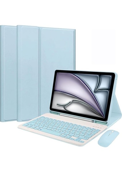 iPad Air 11 Inç (7. Nesil M3/m2 2025/2024), iPad Air 5. / 4. Nesil (10,9 Inç 2022/2020), Manyetik Çıkarılabilir Alman Qwertz Klavye, Kalem Tutuculu ve Fareli, Mavi