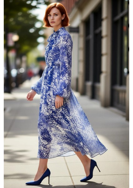 Kadın Mavi Çiçek Desenli Şifon Astarlı A Kesim Uzun Abiye Elbise Balon Kol Dik Yaka Kaliteli