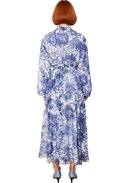 Kadın Mavi Çiçek Desenli Şifon Astarlı A Kesim Uzun Abiye Elbise Balon Kol Dik Yaka Kaliteli fırsatları