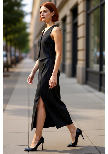 Kadınlara Özel Bodycon Kesim Çizgili V Yaka Kolsuz Midi Örme Elbise Akıllı Tasarım Düğmeli Şıklık