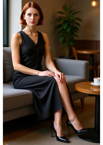 Kadınlara Özel Bodycon Kesim Çizgili V Yaka Kolsuz Midi Örme Elbise Akıllı Tasarım Düğmeli Şıklık fiyatları