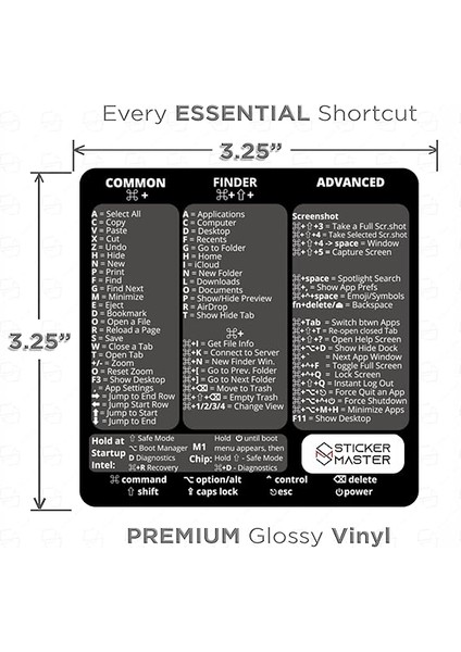 Master Mac Os MacBook Air Pro Decal Sticker Cheat Sheet Accessories Keyboard Shortcuts Temporary Adhesive Mac Laptop Accessory M1 Intel Clear Vinyl Sticker, Compatible With 13/14/16 Inch Black modelleri