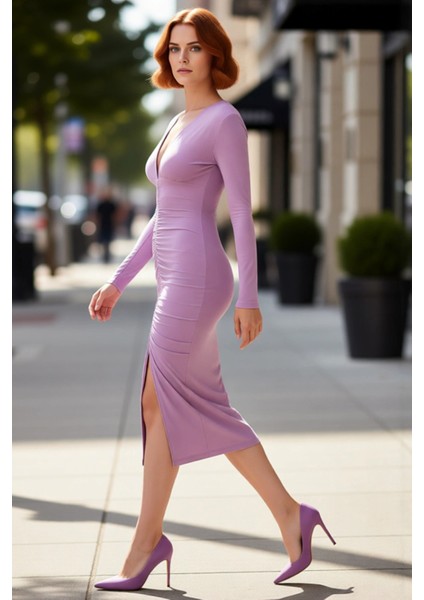 Kadın Vücuda Oturan Uzun Kollu Düz Drapeli Midi Örme Elbise Şık Gündüz Gece Kombinleri Için Ideal