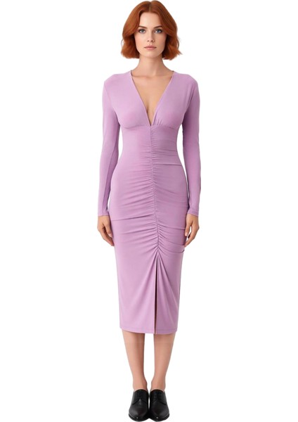 Kadın Vücuda Oturan Uzun Kollu Düz Drapeli Midi Örme Elbise Şık Gündüz Gece Kombinleri Için Ideal modelleri