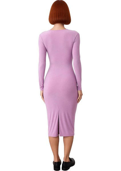 Kadın Vücuda Oturan Uzun Kollu Düz Drapeli Midi Örme Elbise Şık Gündüz Gece Kombinleri Için Ideal fırsatları