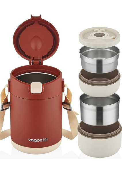 Çelik Yemek Termosu Isı Yalıtımlı 2 Kaseli 1.8lt Sızdırmaz Vakumlu Kap Taşıma Askılı -FF10081