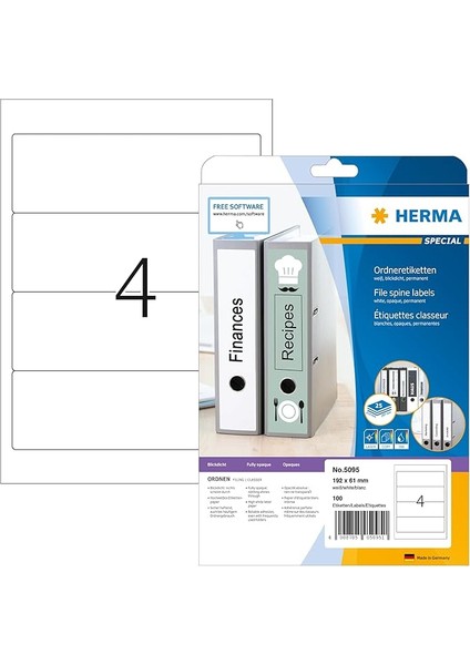 5095 Klasör Sırtı Etiketleri, 25 Yaprak, 192 x 61 Mm, A4 Başına 4, 100 Adet, Kendinden Yapışkanlı, Opak, Çıkartma, Beyaz