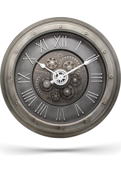Mark Premium Serisi Antik Eskitme Kadranlı Döner Çarklı Ev ve Ofis Duvar Saati Kabartma Roma Rakamlı 40 cm Gri