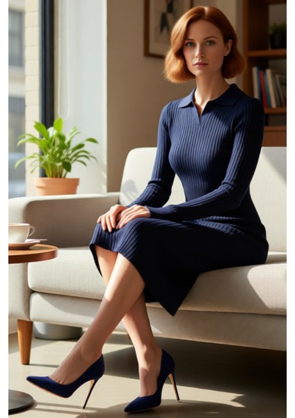 Kadın Triko Bodycon Midi Uzun Kollu Polo Yaka Düz Kesim Elbise Günlük Şıklığı Kışın Sunuyor