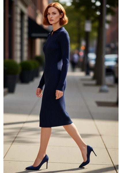 Kadın Triko Bodycon Midi Uzun Kollu Polo Yaka Düz Kesim Elbise Günlük Şıklığı Kışın Sunuyor fırsatları