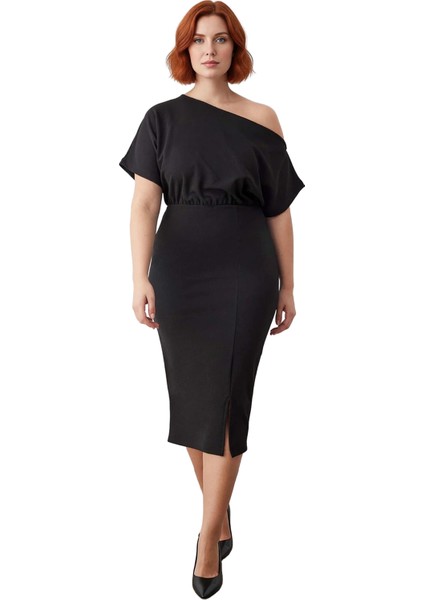 Kadın Asimetrik Yaka Bodycon Midi Elbise Şık Modern Düz Tasarım Ilkbahar Sonbahar Davetleri Için modelleri