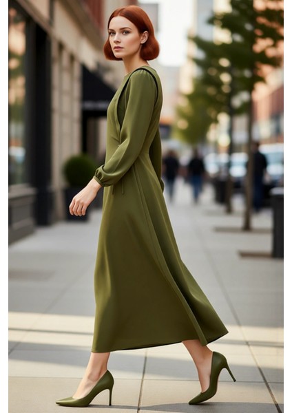 Kadın Shift Kalıp Maxi Boy Balon Kol Bağcıklı Aerobin Dokuma Bisiklet Yaka Elbise Günlük Şıklık