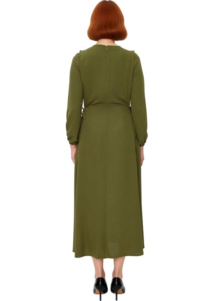 Kadın Shift Kalıp Maxi Boy Balon Kol Bağcıklı Aerobin Dokuma Bisiklet Yaka Elbise Günlük Şıklık fırsatları