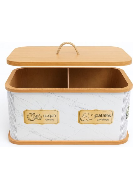 2 Bölmeli Patates Soğanlık - Bambu - Dikdörtgen Beyaz Desen