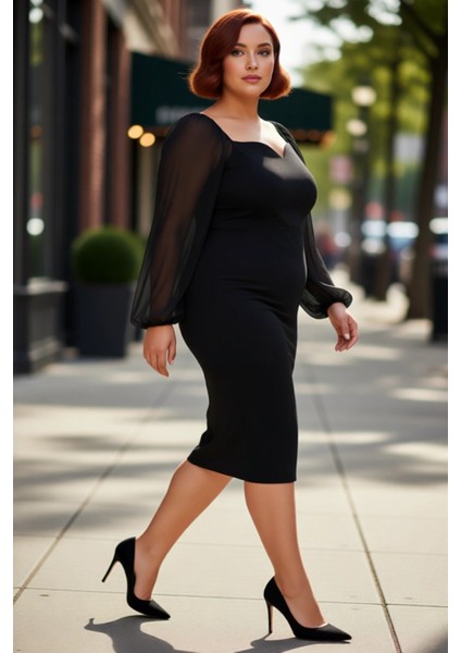 Kadın Büyük Beden Bodycon Midi V Yaka Uzun Kol Dokuma Krep Şık Elbise Ilkbahar Sonbahar Özel