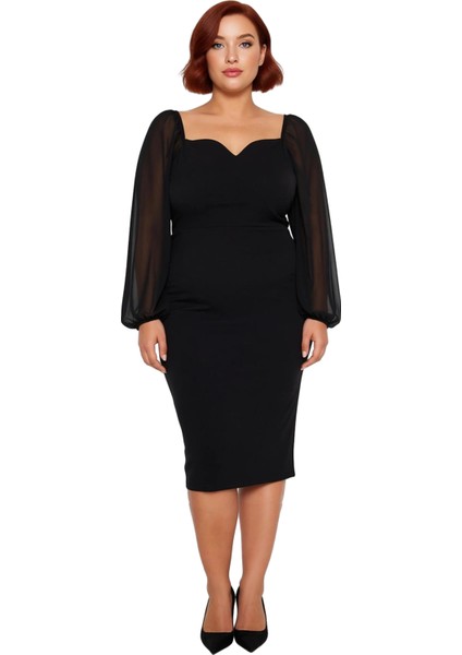 Kadın Büyük Beden Bodycon Midi V Yaka Uzun Kol Dokuma Krep Şık Elbise Ilkbahar Sonbahar Özel modelleri