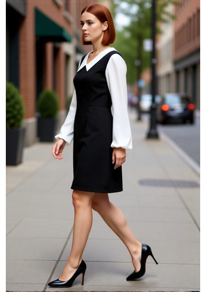 Kadın A Line Midi Boy Tüvit Dokuma Gömlek Yaka Renk Bloklu Uzun Kollu Şık ve Konforlu Elbise