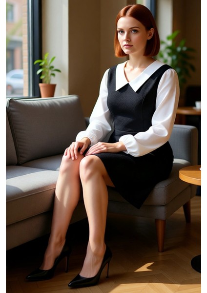 Kadın A Line Midi Boy Tüvit Dokuma Gömlek Yaka Renk Bloklu Uzun Kollu Şık ve Konforlu Elbise fiyatları