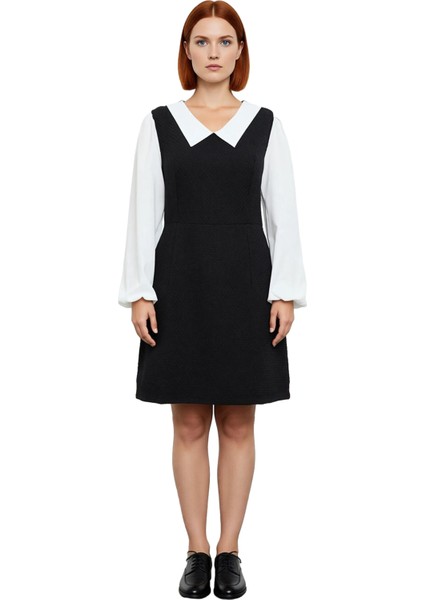 Kadın A Line Midi Boy Tüvit Dokuma Gömlek Yaka Renk Bloklu Uzun Kollu Şık ve Konforlu Elbise modelleri