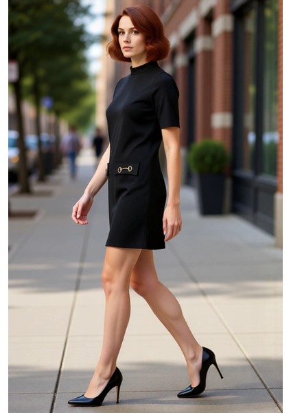 Kadın Siyah Truvakar Kol Mini Elbise A Line Kesim Dik Yaka Örme Kışlık Şık Günlük Kullanım fırsatları