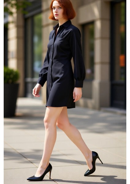 Kadın Siyah Dokuma Mini Gömlek Elbise Modern Kaçık Yaka ve Düşük Kollu Casual Tarz Kaliteli fırsatları
