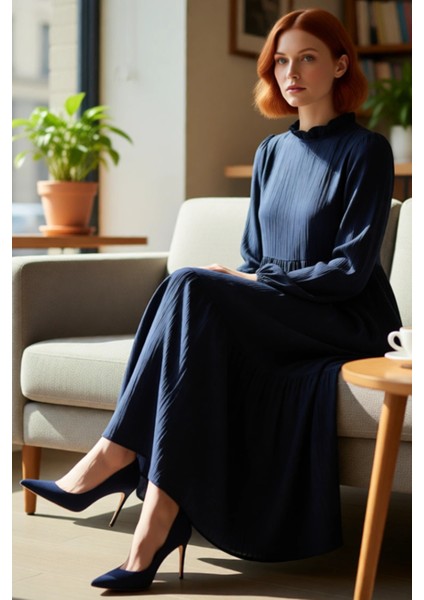 Kadın A Line Krinkıl Dokuma Maxi Elbise Dik Yaka Uzun Kollu Rahat ve Şık Günlük Kombinler Için Ideal fiyatları