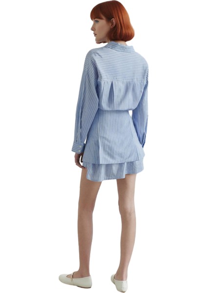 Kadın Bordo Çizgili Gömlek Elbise Mini Boy Rahat Dokuma Kumaş Düğmeli Detaylı Ilkbahar Sonbahar modelleri