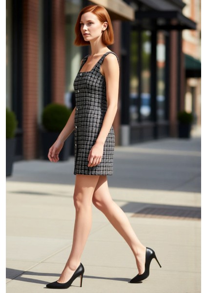 Kadın Ekose Tüvit Dokuma Düğmeli Kare Yaka A Kesim Mini Elbise Şık Akşam Davetleri Için Ideal