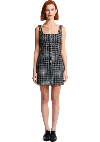 Kadın Ekose Tüvit Dokuma Düğmeli Kare Yaka A Kesim Mini Elbise Şık Akşam Davetleri Için Ideal modelleri