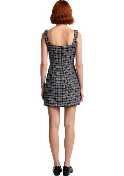Kadın Ekose Tüvit Dokuma Düğmeli Kare Yaka A Kesim Mini Elbise Şık Akşam Davetleri Için Ideal fırsatları