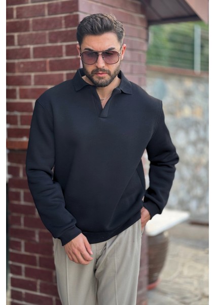 Erkek Siyah Polo Yakalı Pamuklu Yumuşak Kalın Kumaşlı Oversize Sweatshirt