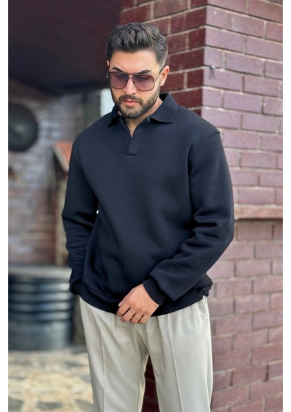Erkek Siyah Polo Yakalı Pamuklu Yumuşak Kalın Kumaşlı Oversize Sweatshirt modelleri