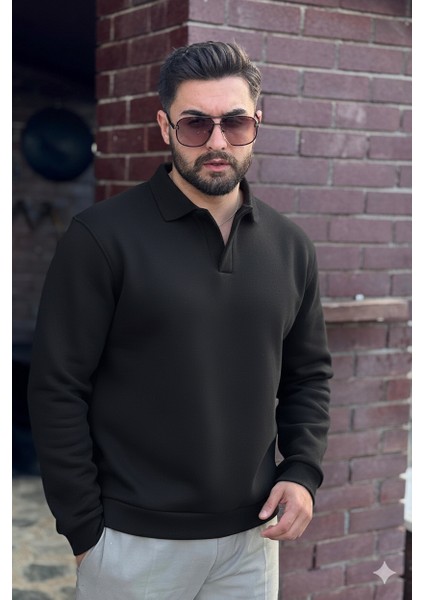 Erkek Siyah Polo Yakalı Pamuklu Yumuşak Kalın Kumaşlı Oversize Sweatshirt fırsatları