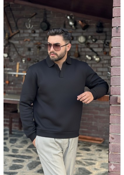 Erkek Siyah Polo Yakalı Pamuklu Yumuşak Kalın Kumaşlı Oversize Sweatshirt indirimleri