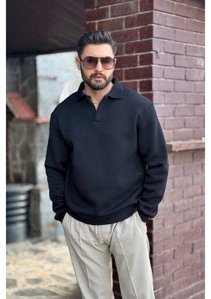 Erkek Siyah Polo Yakalı Pamuklu Yumuşak Kalın Kumaşlı Oversize Sweatshirt