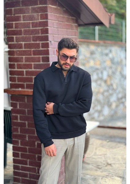 Erkek Siyah Polo Yakalı Pamuklu Yumuşak Kalın Kumaşlı Oversize Sweatshirt