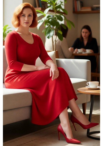 Kadınlar Için Havuz Yaka Truvakar Kol A Line Midi Boy Triko Elbise Fitilli Tasarımıyla Şık fiyatları