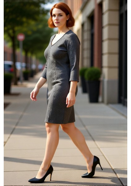 Kadın Büyük Beden A Kesim V Yaka Reglan Kol Mini Örme Fırçalı Kaşkorse Fitilli Elbise Kaliteli