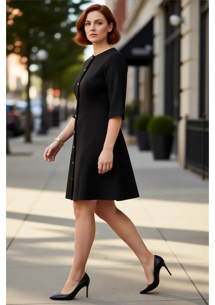 Kadın A Line Dokuma Elbise Truvakar Kol Bisiklet Yaka Zarif Ofis ve Iş Hayatı Şıklığı Sunar