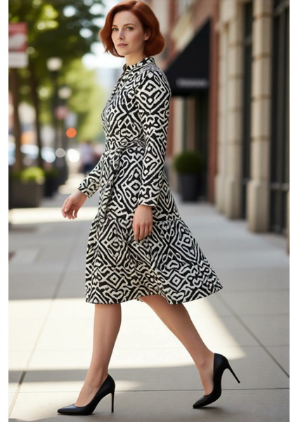 Kadın A Line Kısa Etnik Desenli Polo Yaka Bürümcük Örme Uzun Kollu Günlük Elbise Şık Tasarım