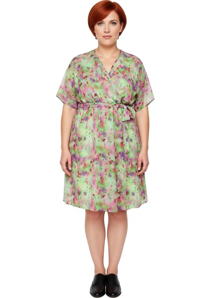 Kadın Büyük Beden A Line Şifon Elbise Çiçekli Desen Melek Kol V Yaka Kuşaklı Kısa Boy Yaz Günleri modelleri